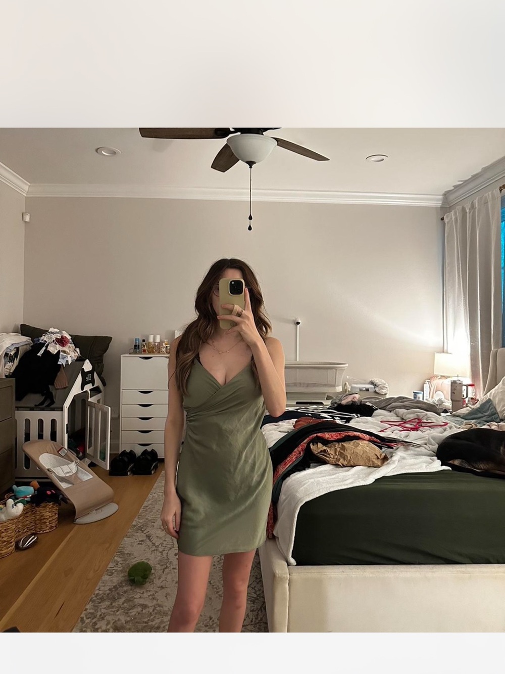 Aritzia Olive Green Satin Mini Dress